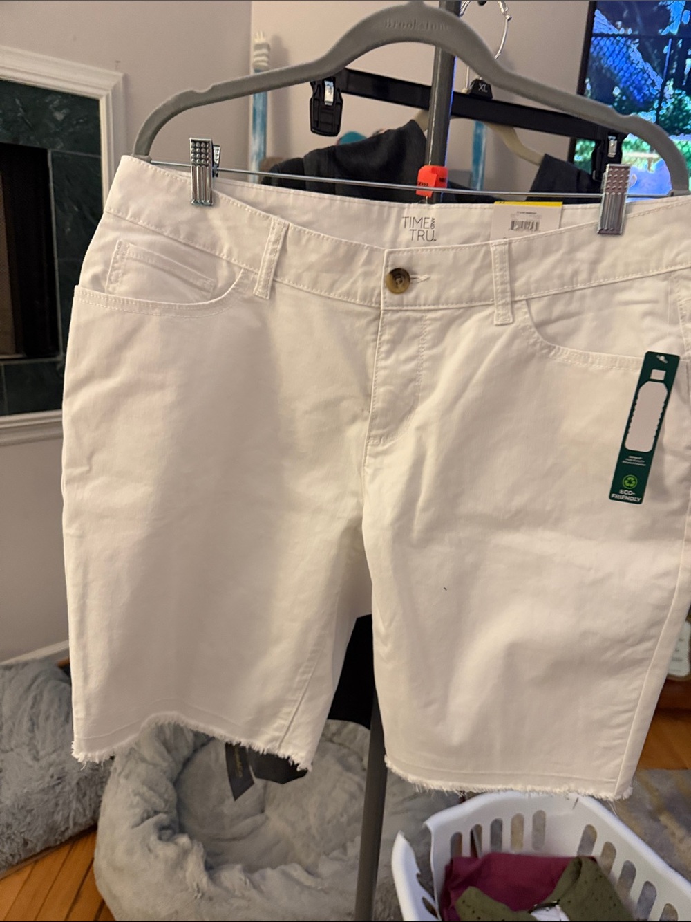 Time and Tru White Frayed Hem Bermuda Shorts in white denim.